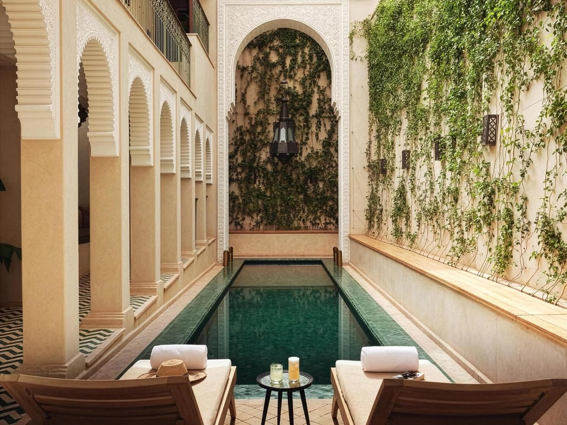 Indoor pool with Moorish arched colonnade
